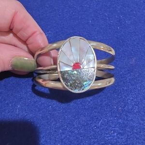 Sterling Silver Cuff Bracelet with Mother-of-Pearl and Red Accent